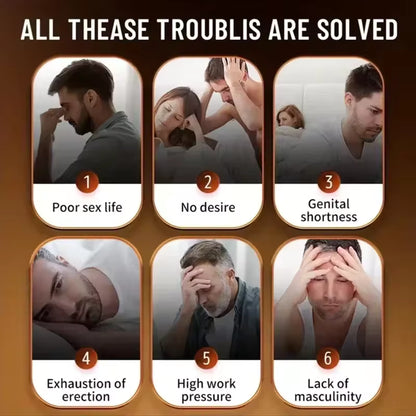 Six-panel comic strip with men experiencing various sexual difficulties and solutions.Infographic showing common male health concerns solved by our natural supplement buy and confidence with Bikinisexzy 