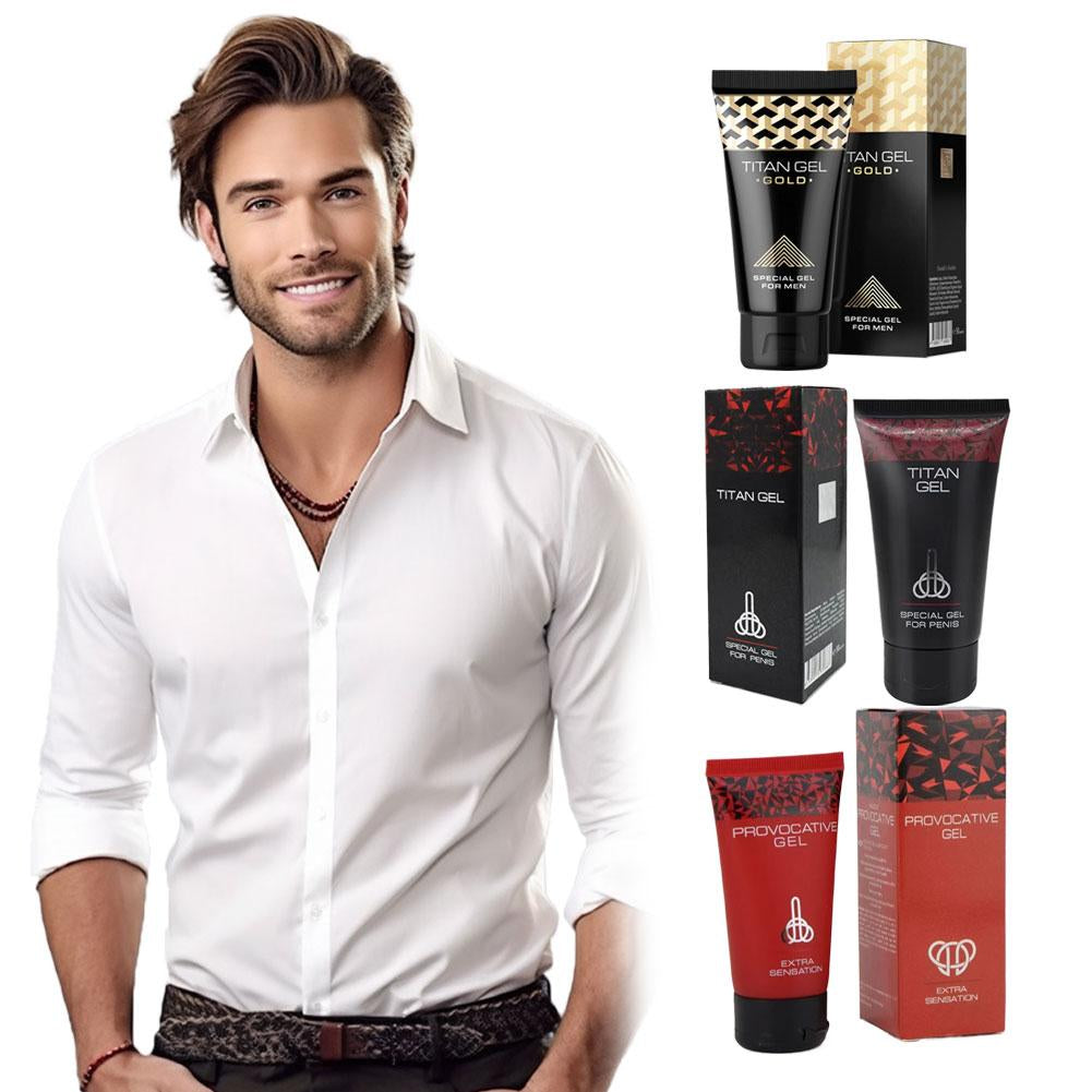 Man in a white shirt with Titan Gel and Provocative Gel products displayed.Securely packaged Titan male massage gel from Bikinisexzy.com