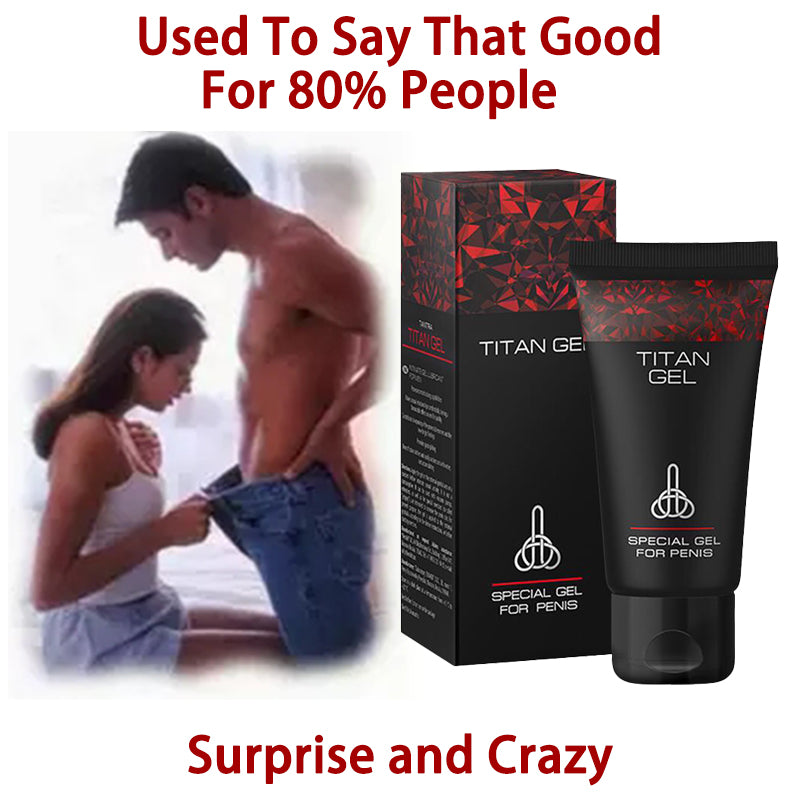 Titan Gel packaging with a couple and text about its effectiveness. Bikinisexzy Comfortable and moisturizing male massage gel for daily use