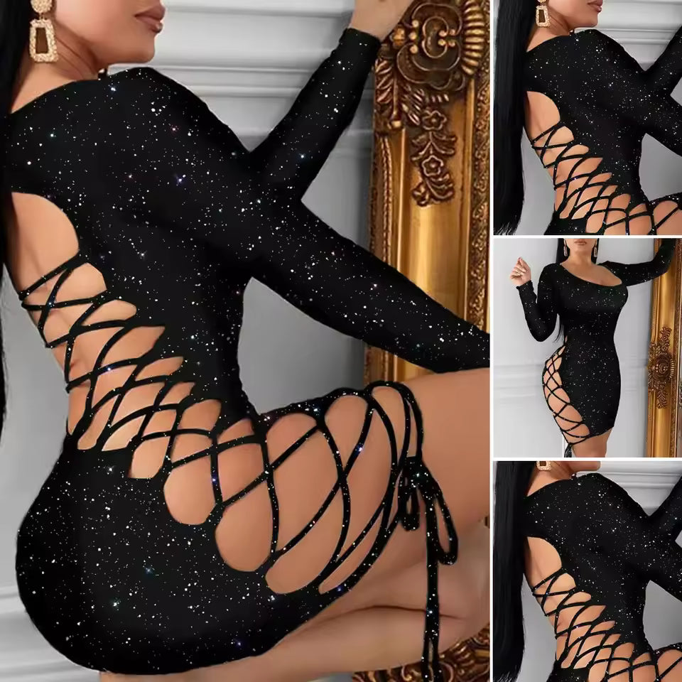 Glamorous long sleeve sequin evening bodycon party dress worn by a model"